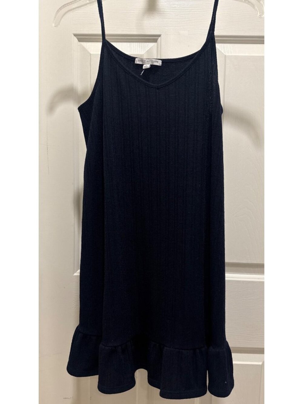 Green Envelope womens L Large navy blue dress mini ruffle spaghetti strappy NWOT